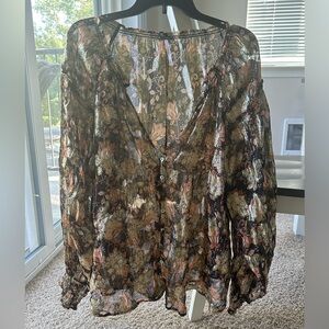 Free People Floral V Neck Sheer Long Sleeve Blouse. Size XL.